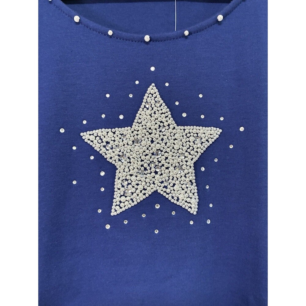 Quacker Factory T Shirt Size Large Blue Star Rhinestones Short Sleeve - Picture 2 of 12